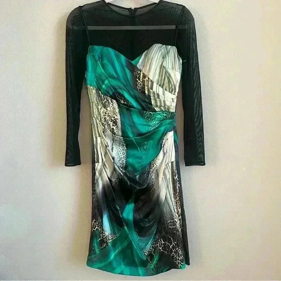 Rickie Freeman for Teri Jon Animal Print Silk Ruched Mesh Sleeves Dress Size 6 - Picture 1 of 10